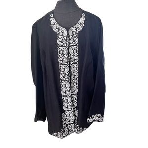 Carole Little Black Linen Blend Paisley Embroidered Tunic Jacket 22W